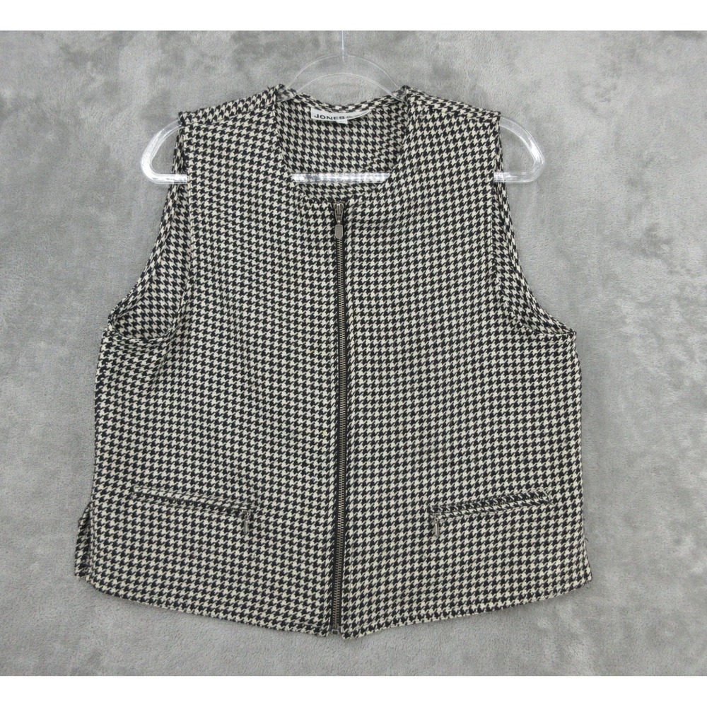 Vintage Jones & Co Vest Womens Size L Houndstooth Full Zip Preppy Academia Black